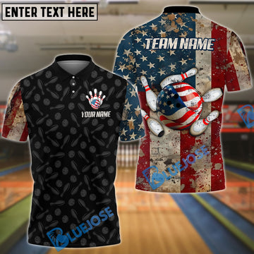 BlueJose Bowling And Pins Vintage US Flag Personalized Name, Team Name Unisex Shirt