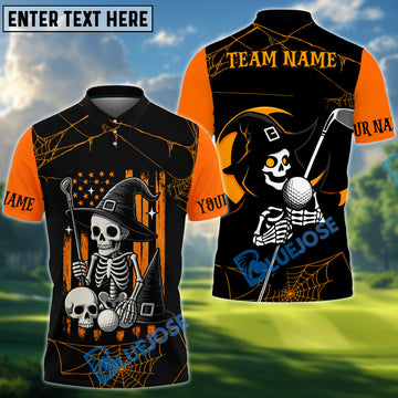 BlueJose Halloween Swing Skeleton Golf Polo Shirt, Customized Name & Team Name 3D Shirts (4 Colors)