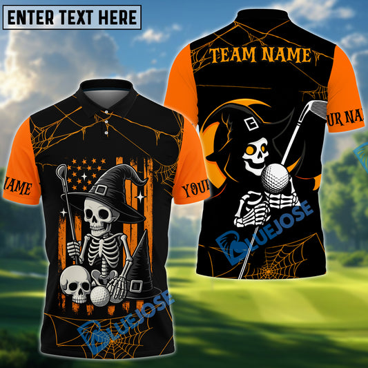 BlueJose Halloween Swing Skeleton Golf Polo Shirt, Customized Name & Team Name 3D Shirts (4 Colors)