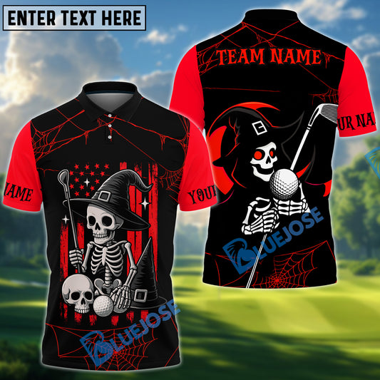 BlueJose Halloween Swing Skeleton Golf Polo Shirt, Customized Name & Team Name 3D Shirts (4 Colors)