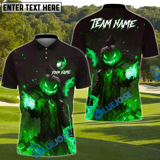 BlueJose Flaming Pumpkin Reaper Golf Polo Shirt, Customized Name & Team Name 3D Shirts (4 Colors)