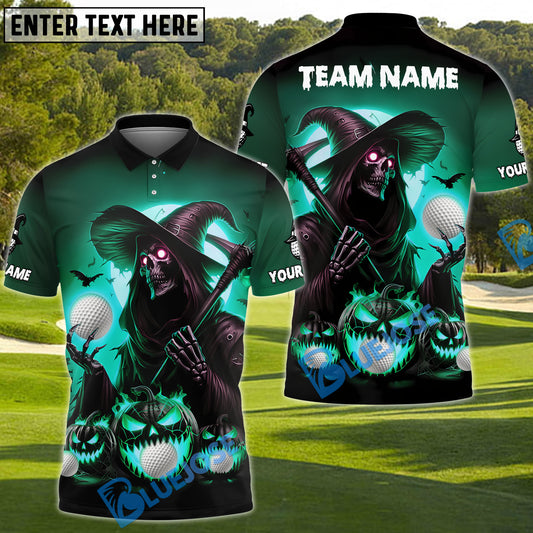 BlueJose Grim Reaper Pumpkin Golf Polo Shirt, Customized Name, Team Name 3D Shirts (4 Colors)