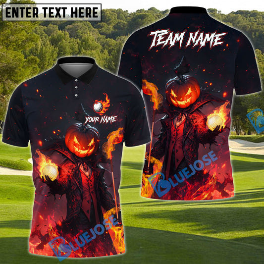 BlueJose Flaming Pumpkin Reaper Golf Polo Shirt, Customized Name & Team Name 3D Shirts (4 Colors)