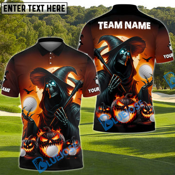 BlueJose Grim Reaper Pumpkin Golf Polo Shirt, Customized Name, Team Name 3D Shirts (4 Colors)