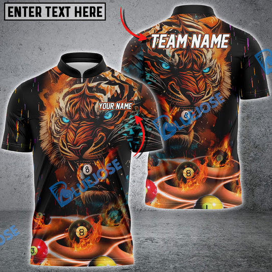 BlueJose Billiards Fire Tiger Premium Personalized Name, Team Name Unisex Shirt