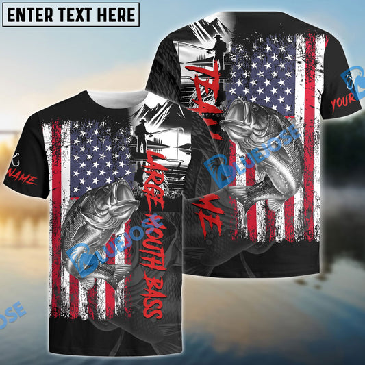 Bluejose Large Mouth Bass Fishing  Black US Flag Sport Custom Name & Team Name 3D Shirts