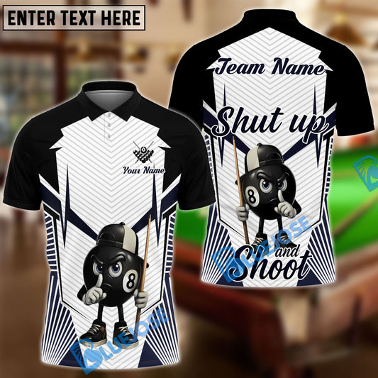 BlueJose Billiards 8-Ball Pool Shut Up and Shoot White Pattern Personalized Name, Team Name Unisex Shirt (4 Colors)