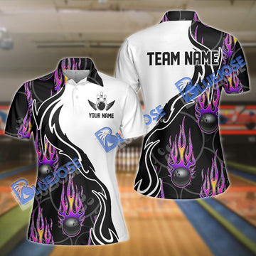 BlueJose Purple Flame Bowling Ball Pattern Premium Customized Name 3D Shirt For Women
