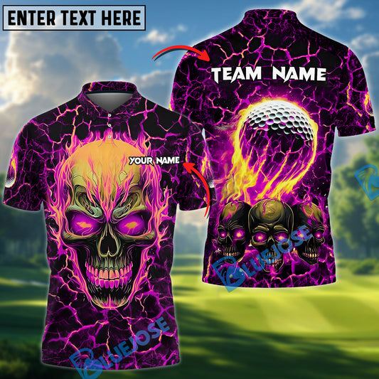 BlueJose Skull Golf Flaming Lava Ball Customized Name, Team Name 3D Shirts (4 Colors)