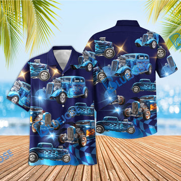 BlueJose Custom Photo Personalized Hot Rod Blue Style Hawaiian Shirt