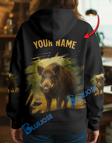 BlueJose Black Boar Hunter Personalized Name Hoodie For Hunting Lover