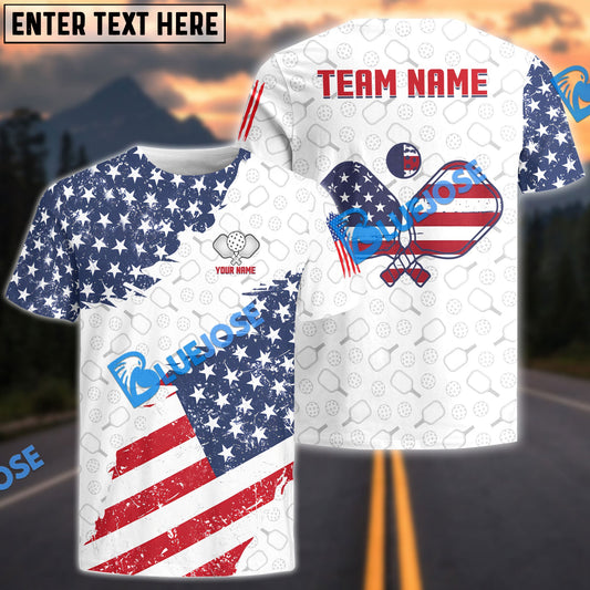 BlueJose Pickleball American Flag Personalized Name, Team Name Unisex Shirt