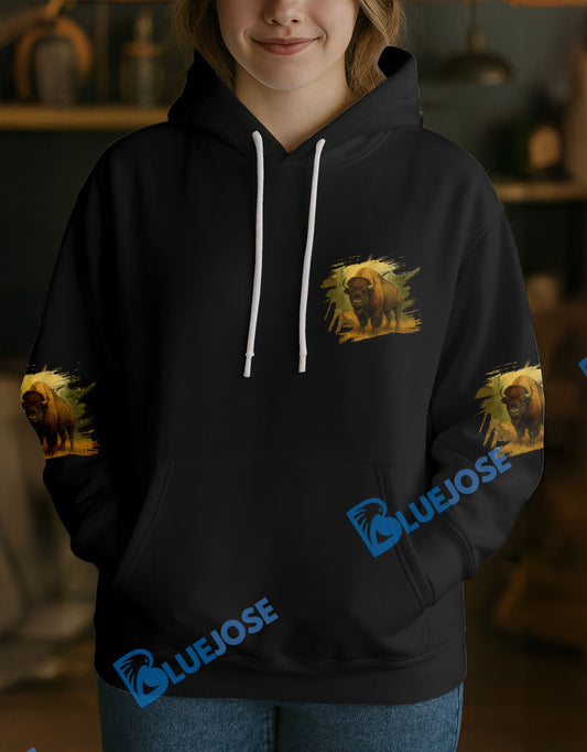 BlueJose Black Bison Hunter Personalized Name Hoodie For Hunting Lover