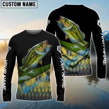 Bluejose Custom Largemouth Bass Fishing Jerseys, Personalized Bass Fishing Scales Fishing Long Sleeve Shirts