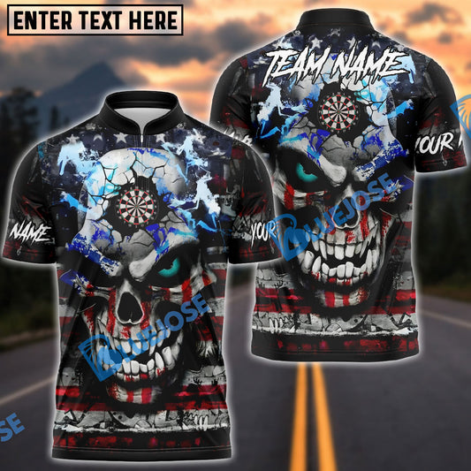 BlueJose Darts American Flag Skull Cracked Style Personalized Name Shirt