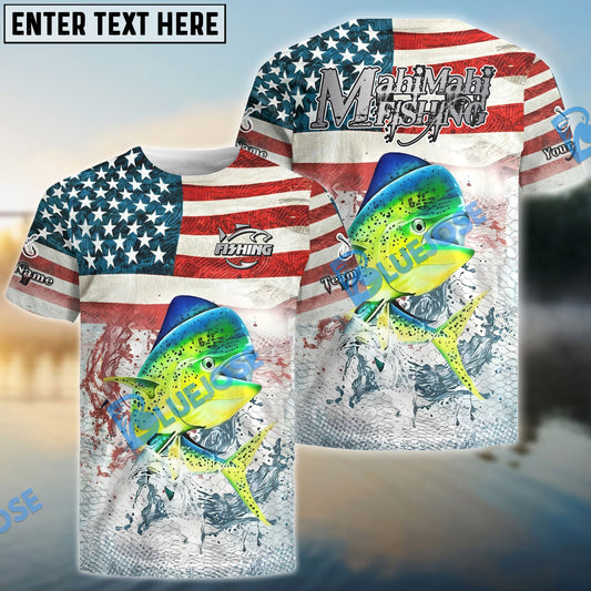 Bluejose Mahi-mahi Fishing American Flag Splash Design Custom Name & Team Name 3D Shirts