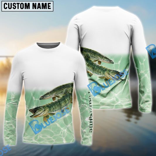 Bluejose Custom Musky Fishing Green Sea Water Camo Tournament Fishing Jerseys, Muskie Fishing Long Sleeve Shirt