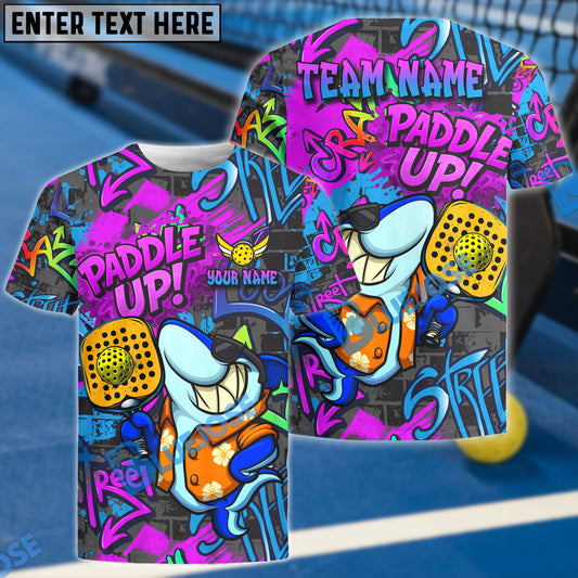 BlueJose Pickleball Graffiti Shark Paddle Up Customized Name & Team Name 3D Shirts