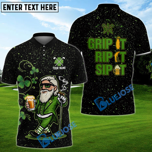 BlueJose Grip It Rip It Sip It St Patrick's Day Leprechaun Golf And Beer Shamrock Golf Shirt, Golf Shirts For Men