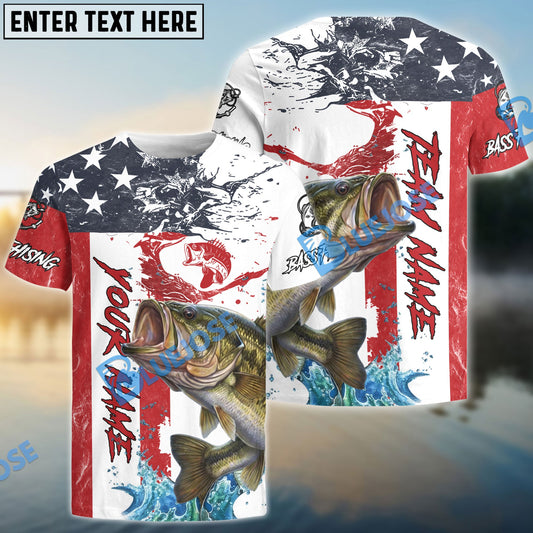 Bluejose Bass Fishing American Flag Red Blue Seawave Custom Name & Team Name 3D Shirts