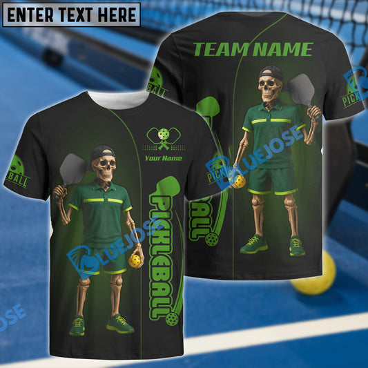 BlueJose Pickleball Skeleton Funny Customized Name, Team Name 3D Shirt (4 Colors)