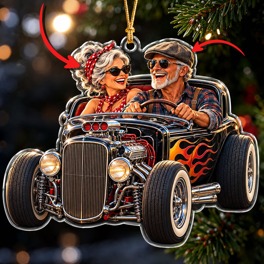 Bluejose Personalized Hot Rod Couple Ornament – Custom Face Photo for Grandparents, Parents, or Couples