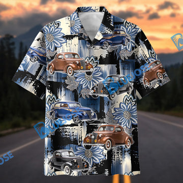 Bluejose Personalized 1930s Antique Classic Car Blue Floral Grunge Hawaiian Shirt