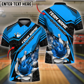 BlueJose Bowling And Pins Flame Smoke Premium Customized Name 3D Shirt (4 Colors)