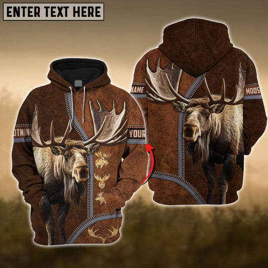 BlueJose Moose Premium Zipper Leather Pattern Personalized 3D Hoodie