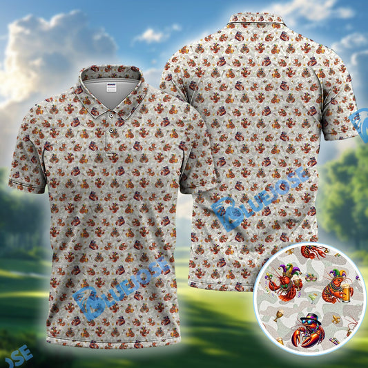 BlueJose Funny Crawfish Mardi Gras Pattern Golf Shirt, Beer Crawdad Golf Polos For Golfer, Golf Gift For Men