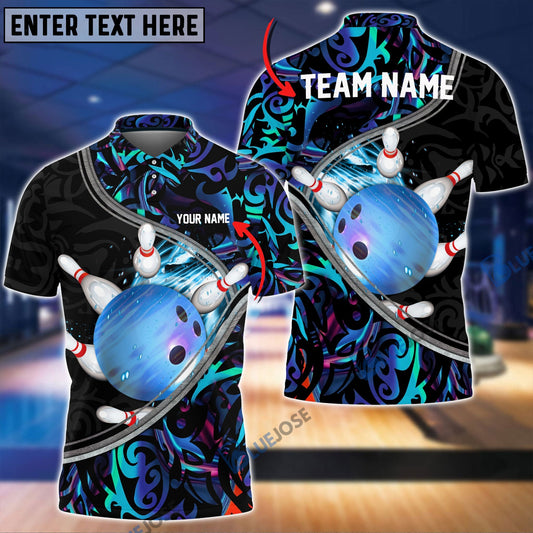 BlueJose Tattoo Color Bowling and Pins Personalized Name, Team Name 3D Shirt