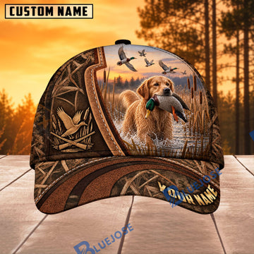 BlueJose Dog Hunting And Duck Rustic Woodgrain Marshland Scene Personalized Name 3D Cap (8 Dog Breeds)