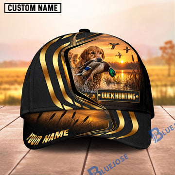 BlueJose Dog Hunting And Duck Black Gold Curved Stripe Marsh Sunset Scene Personalized Name 3D Cap (8 Dog Breeds)