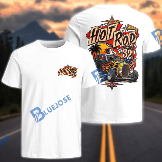 BlueJose Custom Photo Personalized Car Hot Rod 32 T-Shirt – Retro Sunset Flame Coupe