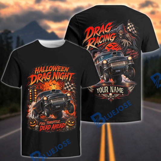 BlueJose Halloween Drag Racing Hot Rod T-Shirt – Full Throttle Dead Ahead Vintage Racing Tee