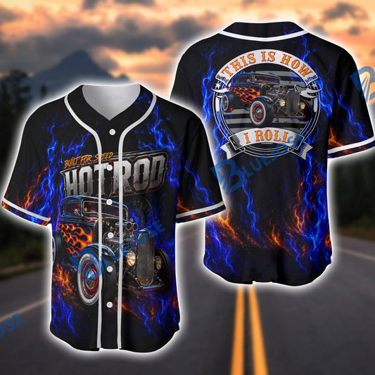 BlueJose Personalized Car Blue Fire Classic Hot Rod "This Is How I Roll" Baseball Jersey