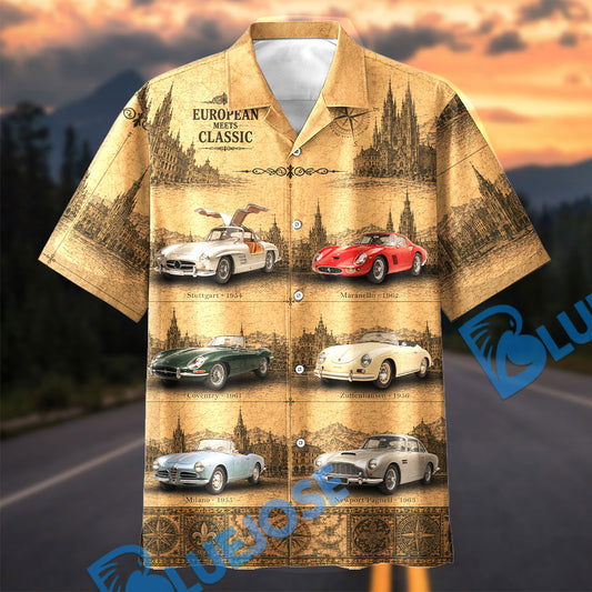 Bluejose European Classic Cars Vintage - Personalized Name Car Hawaiian Shirt