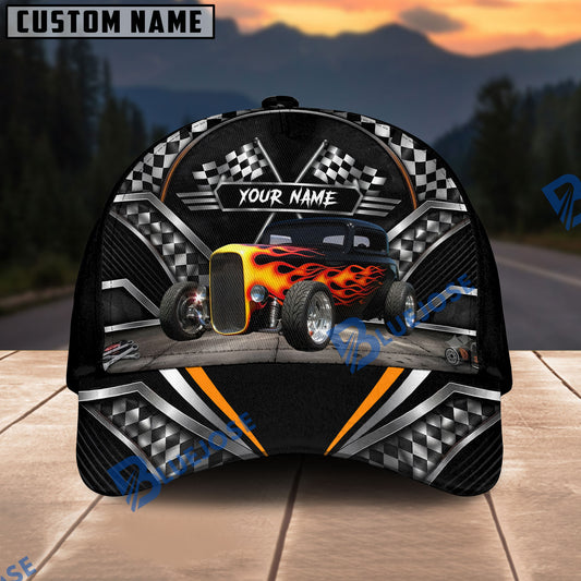 BlueJose Personalized Car Flame Hot Rod Cap with Chrome Accents & Checkered Flag