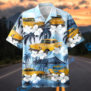 Bluejose Personalized Car 1957 Chevrolet Bel Air Car Tropical White Hibiscus Hawaiian Shirt