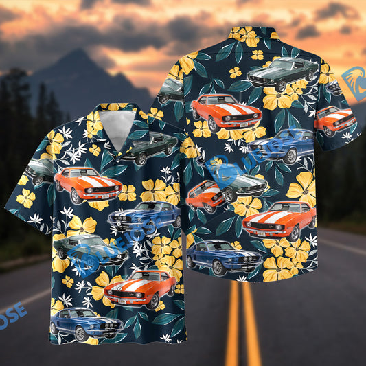 BlueJose Custom Photo Personalized Classic Muscle Car Yellow Floral Tropical Hawaiian Shirt