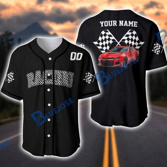 BlueJose Personalized Racing Legend Muscle Car Checkered Flag Baseball Jersey