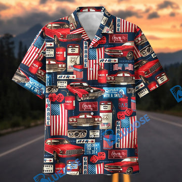 Bluejose American Classic Car Route 66 Garage Hawaiian Shirt