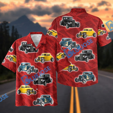 BlueJose Custom Photo Personalized Vintage Hot Rod Cars Red Geometric Hawaiian Shirt