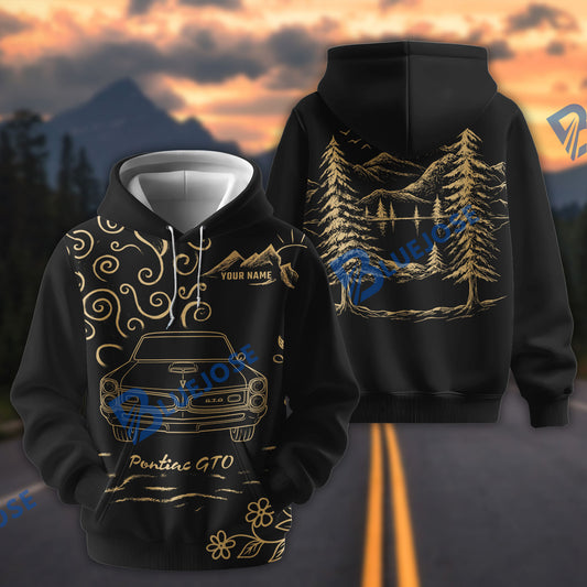 BlueJose Personalized Name 3D Hoodie – Gold Line Art Mountain Forest All-Over Print Hoodie