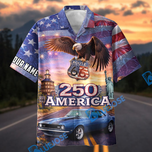 Bluejose Personalized America 250 Route 66 Bald Eagle Classic Car Hawaiian Shirt