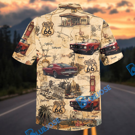 Bluejose Personalized Vintage Route 66 Ford Mustang Hawaiian Shirt