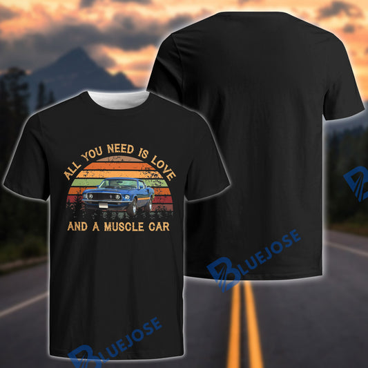 BlueJose Custom Photo Personalized Car All You Need Is Love And A Muscle Car T-Shirt – Vintage Classic Car Retro Graphic Tee