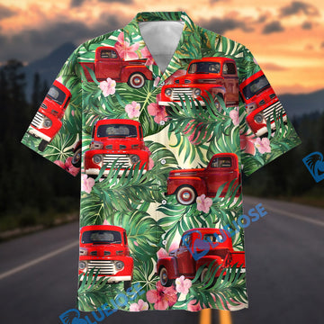 Bluejose Custom Car Red Vintage 1950 Ford F-1 Pickup Tropical Hawaiian Shirt