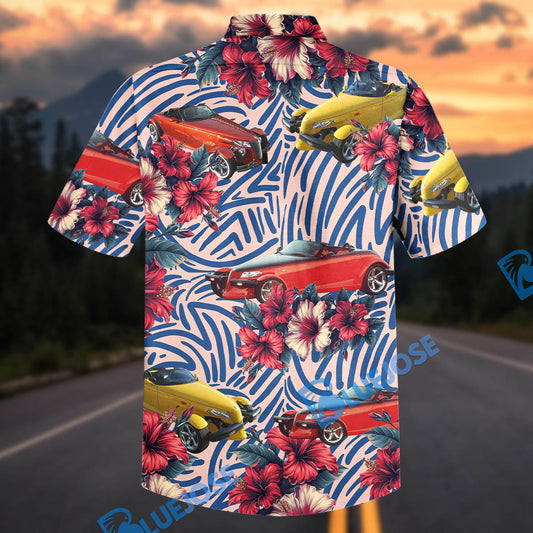 Bluejose Custom Car Retro Modern Hot Rod Tropical Hibiscus Hawaiian Shirt