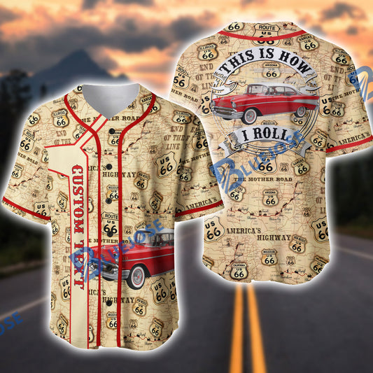BlueJose Personalized Car Classic Car Route 66 Map Baseball Jersey